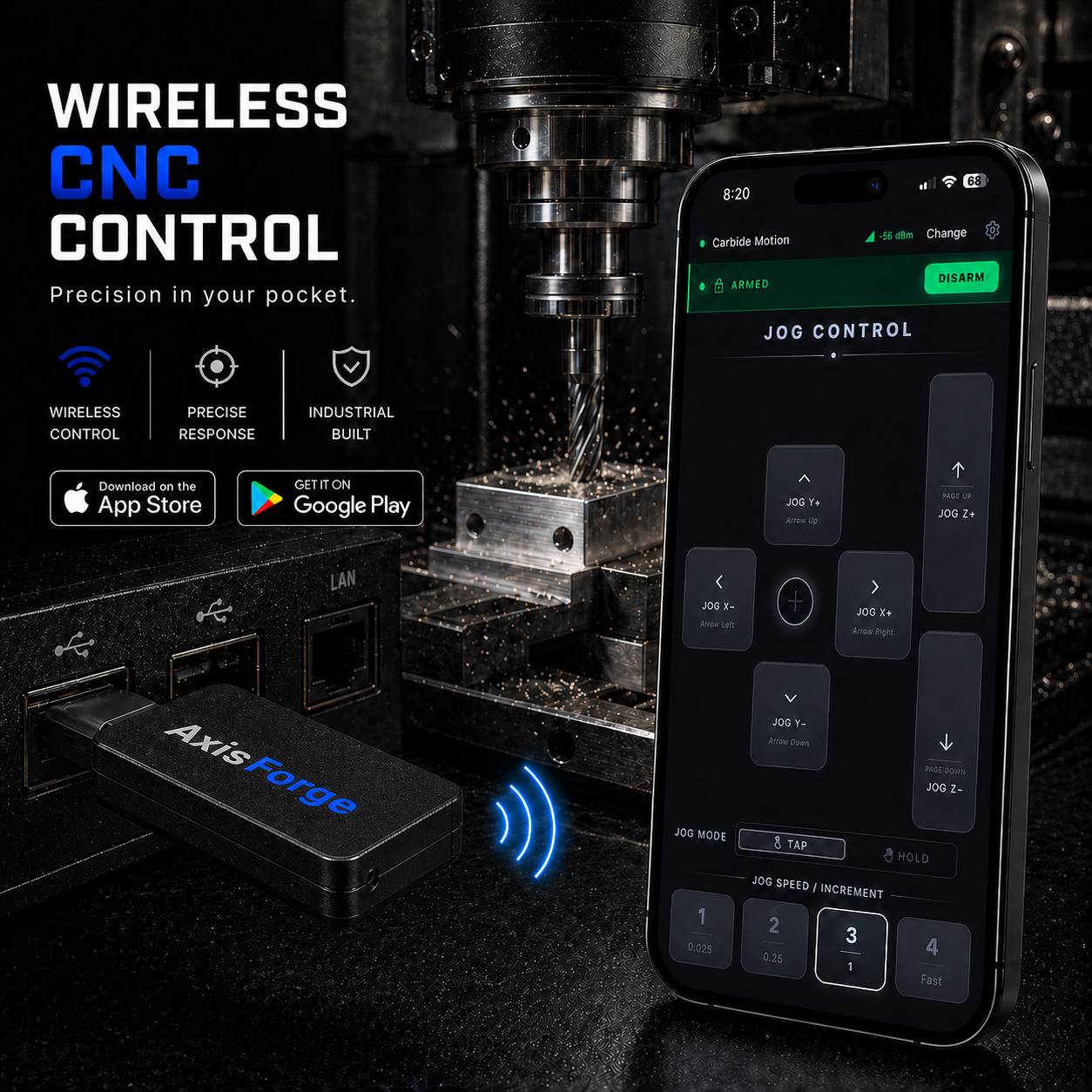Machinist at CNC router jogging wirelessly with AxisForge app on iPhone