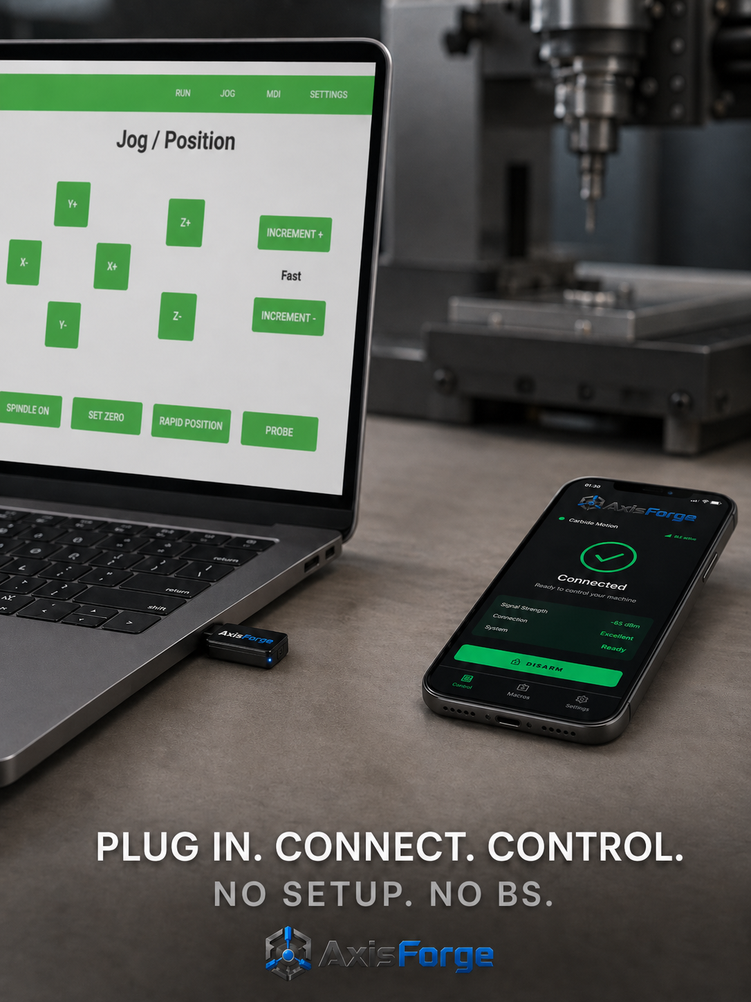 Plug In. Connect. Control. — AxisForge USB dongle and phone connected