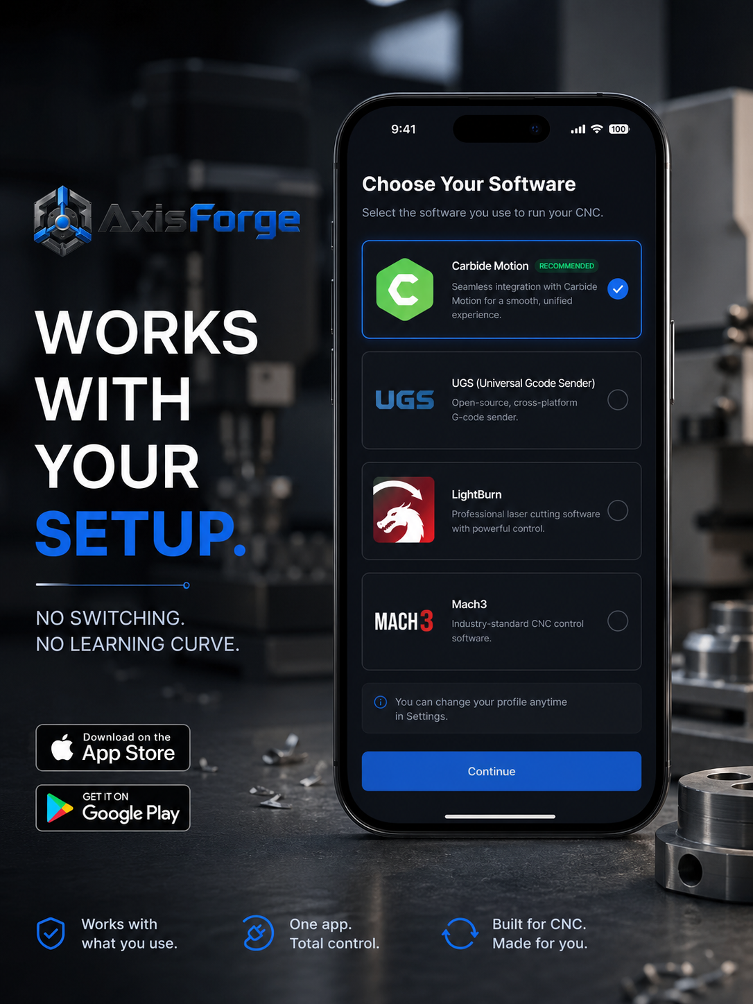 AxisForge app software selection — Works With Your Setup