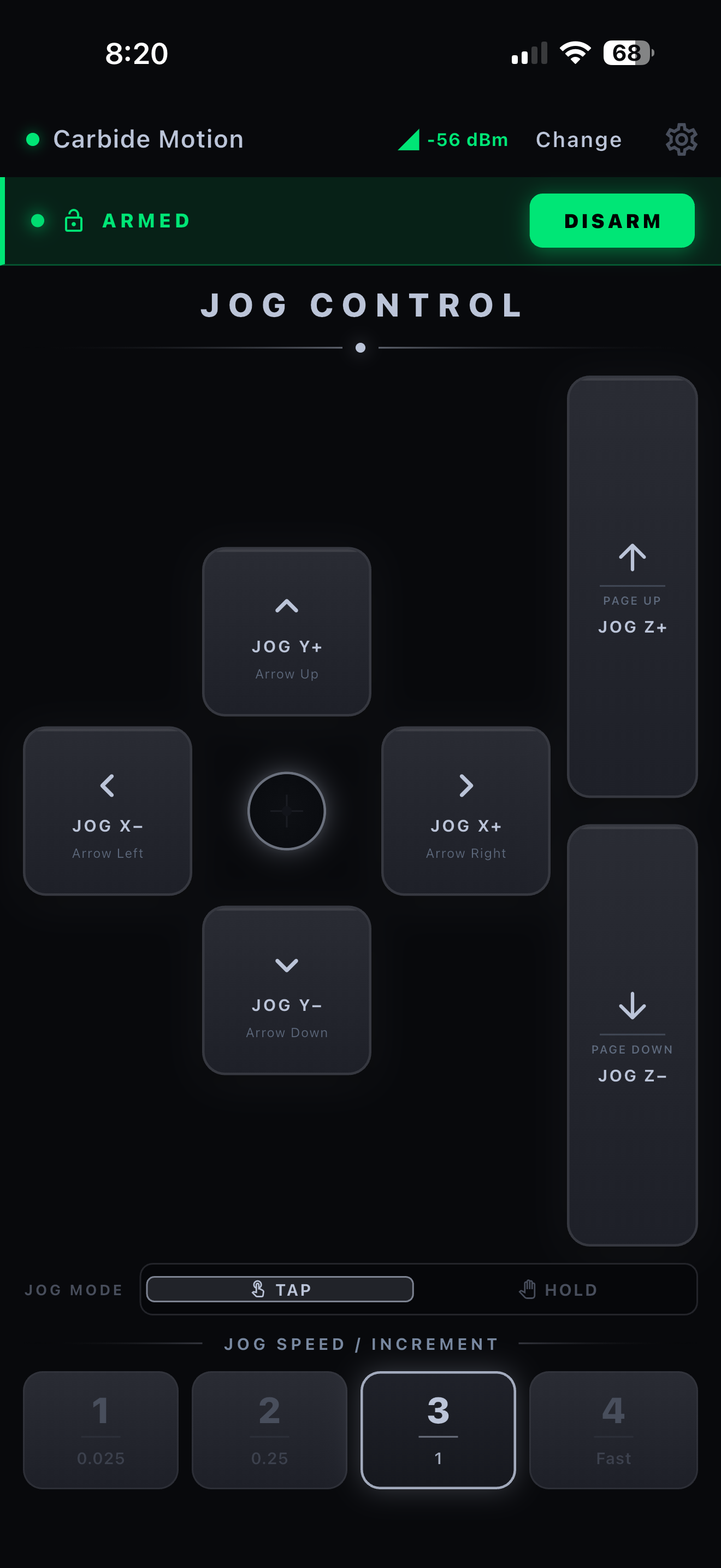 Jog Control screen — dark theme