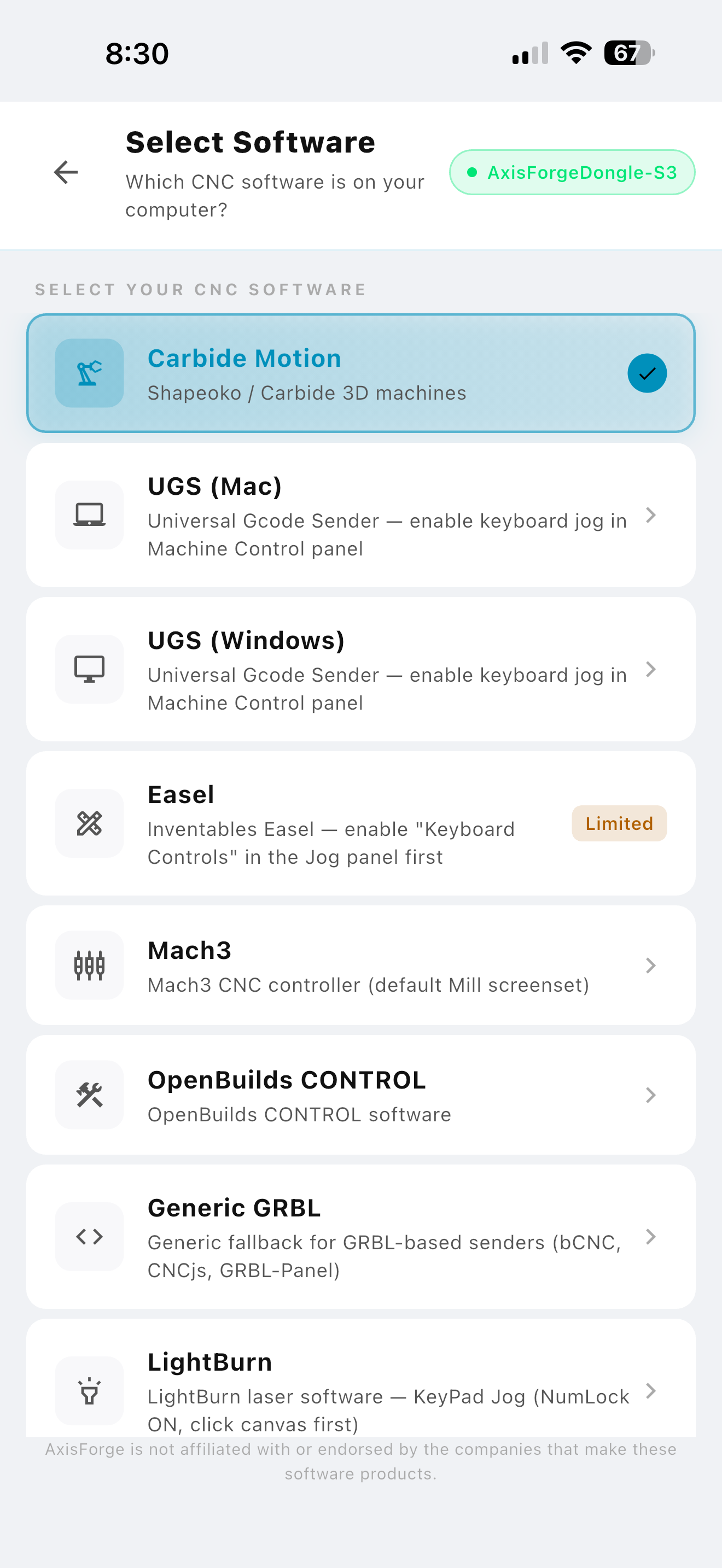 CNC software selection screen
