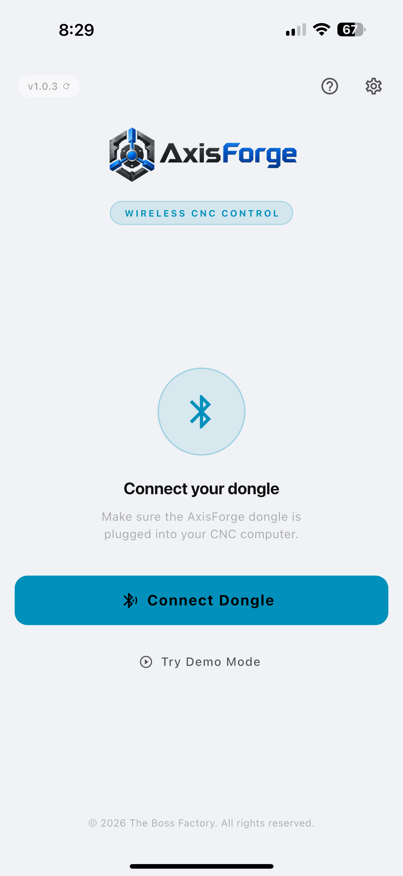 AxisForge home screen — connect your dongle